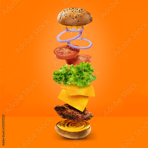 Schilderij op canvas Burger couche par couche en lévitation