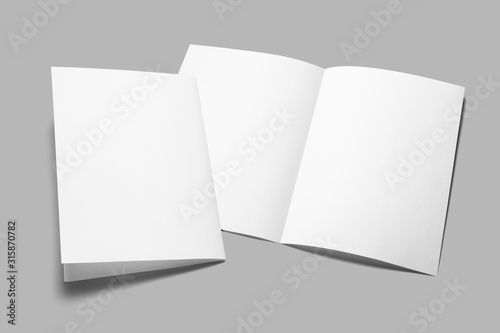 Two half-folded blank papers (booklets, postcards, flyers or brochures) mockup template on gray background