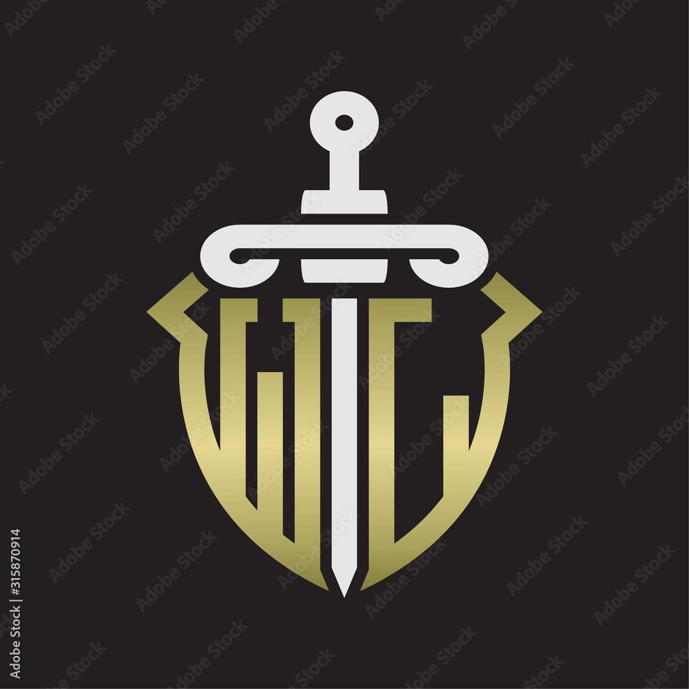 WL Logo monogram with sword and shield combination isolated with gold colors WL Logo monogram with sword and shield combination isolated with gold colors