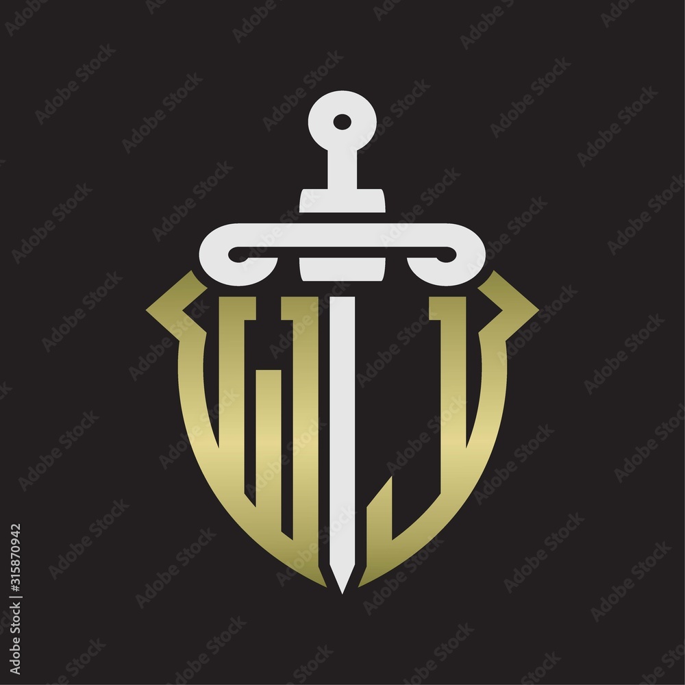 WJ Logo monogram with sword and shield combination isolated with gold colors WJ Logo monogram with sword and shield combination isolated with gold colors