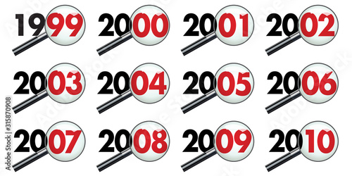 Pictogrammes représentant la décénnie des années 2000 vues au travers d’une loupe pour symboliser le bilan et l’analyse des événements. photo