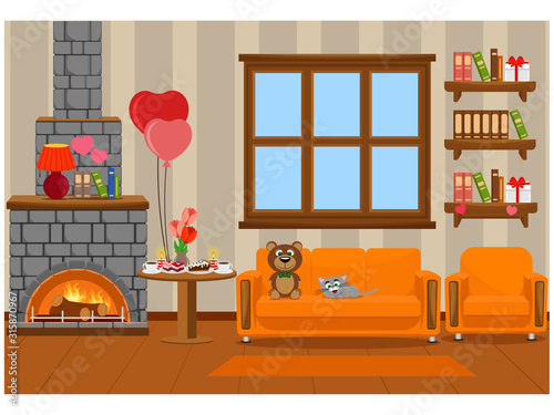 Vector illustration of the interior of the room prepared for the celebration of Valentine's day. Furniture, treats, romance.