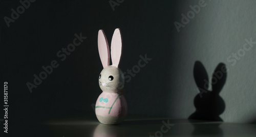 easter bunny is standing next to the wall. shadow on the wall. Conceptual image with shadow of cute easter rabbit on the wall. shadow concept on happy easter decoration background.
