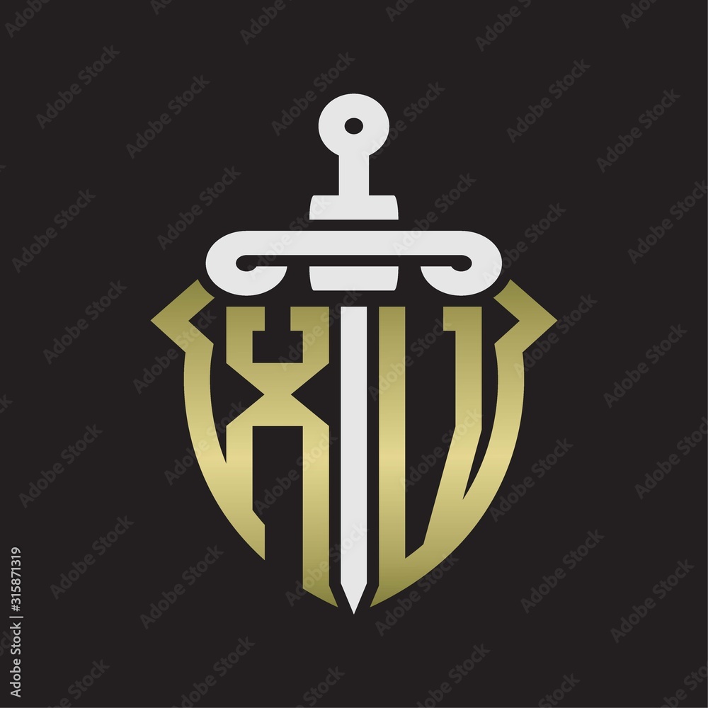 XV Logo monogram with sword and shield combination isolated with gold colors XV Logo monogram with sword and shield combination isolated with gold colors