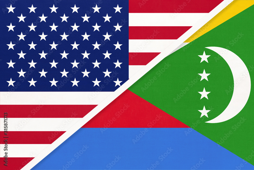 USA vs Comoros national flag from textile. Relationship between two american and african countries. USA vs Comoros national flag from textile. Relationship between two american and african countries.