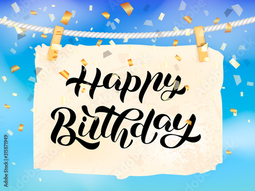 Happy birthday brush lettering with clothesline. Vector stock illustration for card or banner