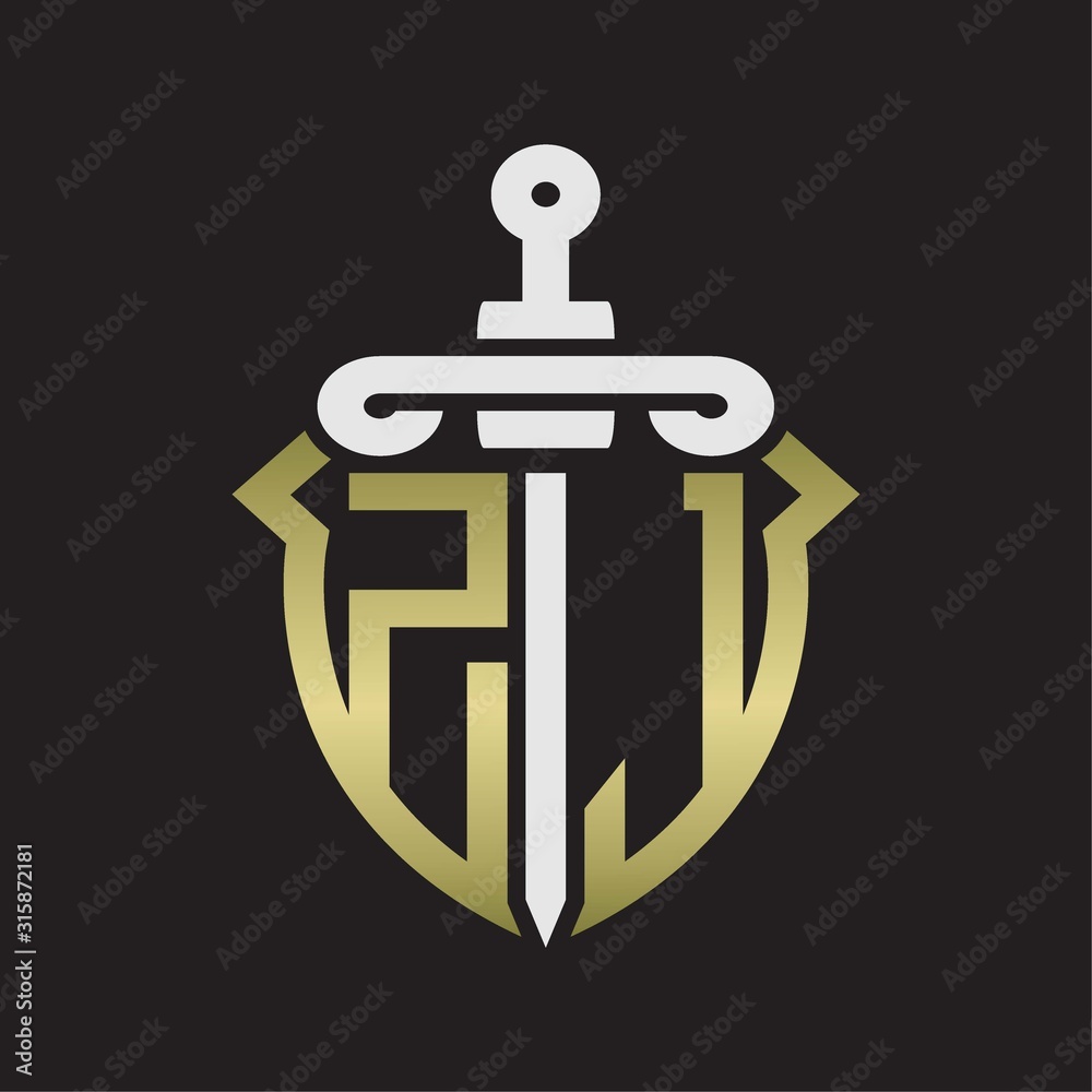 ZJ Logo monogram with sword and shield combination isolated with gold colors ZJ Logo monogram with sword and shield combination isolated with gold colors