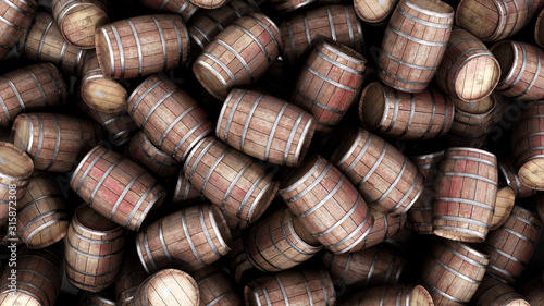Wooden barrels pile background 3d illustration image