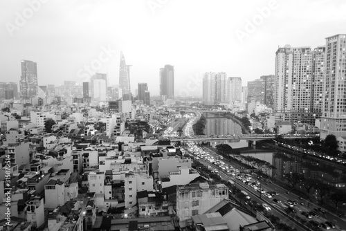 City of Saigon  Vietnam  Ho Chi Minh City . Black and white  elevated view during morning rush hour.