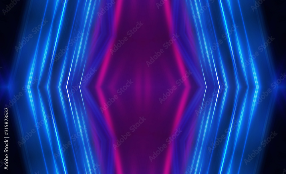 Fototapeta premium Ciemne tło futurystyczny. Neonowe linie świecą. Neonowe linie, kształty. Wielokolorowa poświata, rozmyte światła, bokeh. Puste tło sceny