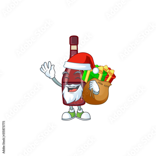 Santa red bottle wine Cartoon character design having box of gift