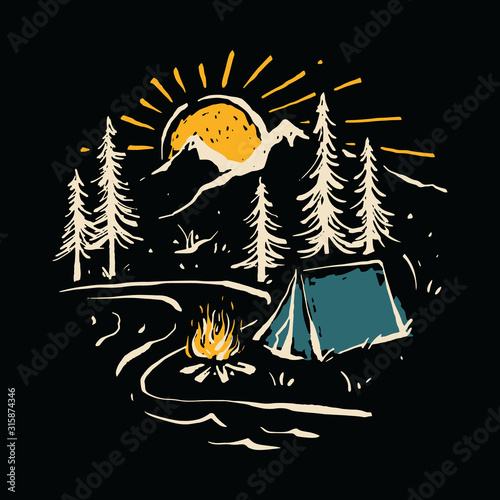 Camping Hiking Nature Mountain River Graphic Illustration Vector Art T-shirt Design