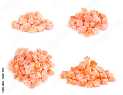 Set of frozen carrots on white background. Vegetable preservation