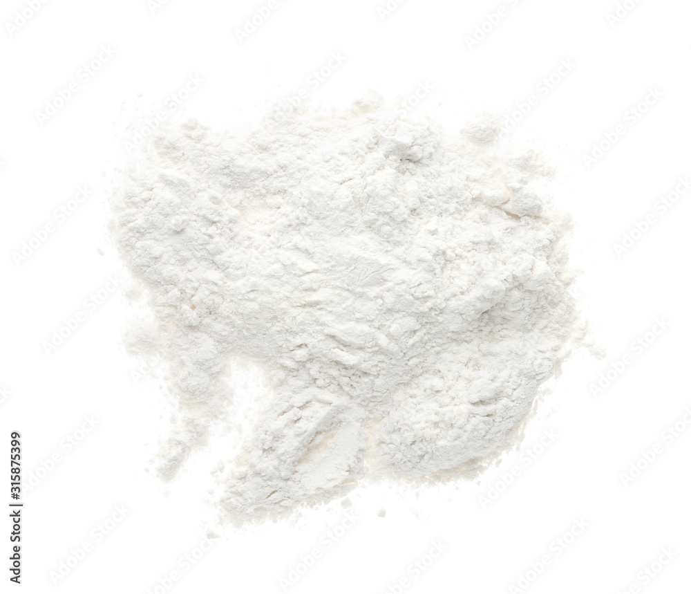 Pile of organic flour isolated on white, top view