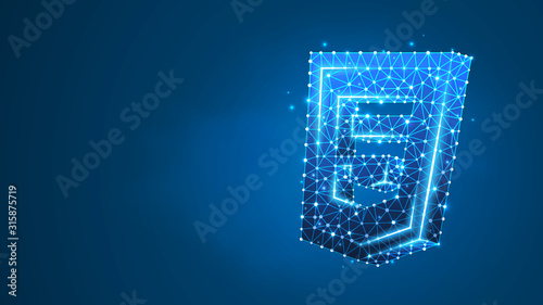Hypertext Markup Language, html coding sign. Device, programming, developing concept. Abstract, digital, wireframe, low poly mesh, vector blue neon 3d illustration. Triangle, line dot