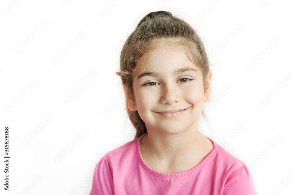 Portrait of happy smiling child girl isolated on white background. Laughing people. Positive emotions. Portrait of happy smiling child girl isolated on white background. Laughing people. Positive emotions.