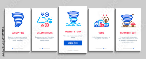 Tornado And Hurricane Onboarding Mobile App Page Screen Vector. Tornado Blowing House Roof, Cyclone On Planet Globe, Twister Weather Concept Linear Pictograms. Color Contour Illustrations