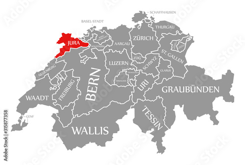 Jura red highlighted in map of Switzerland