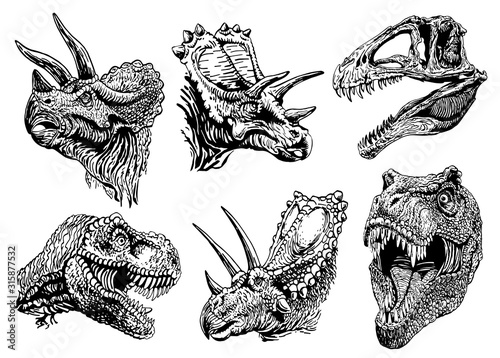 Graphical set of dinosaur portraits isolated on white background, vector illustration,paleontology