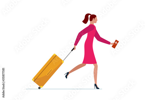 Young woman running with suitcase and flight ticket. Female in dress with luggage bag hurrying boarding to plane or missing flight. Traveling concept vector illustration