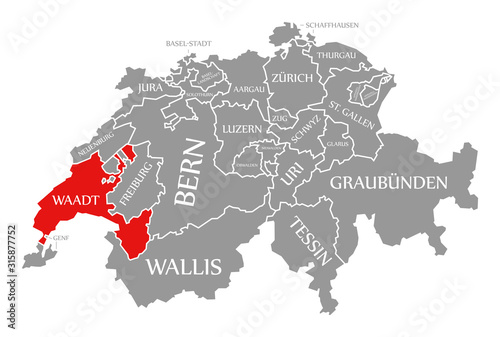 Waadt red highlighted in map of Switzerland