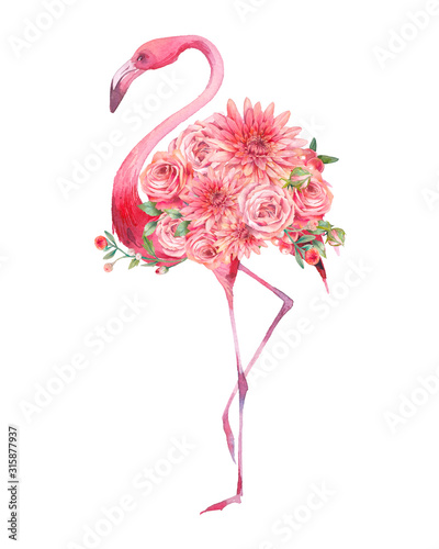 Watercolor flamingo with flowers. Floral summer illustration. © ldinka