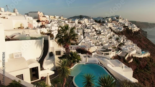 Aerial Drone View Of Santorini, Greece. Resort Pool-Pan