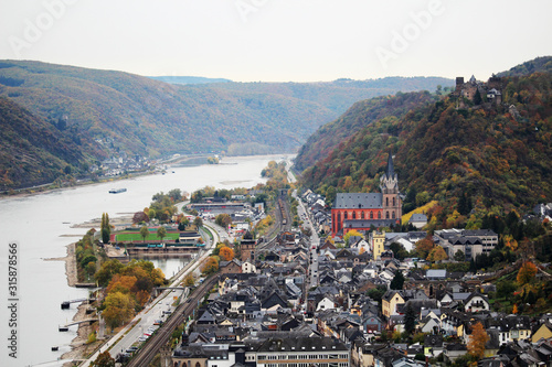 View from hills to Oberwesel town in the Rhein valley, Germany