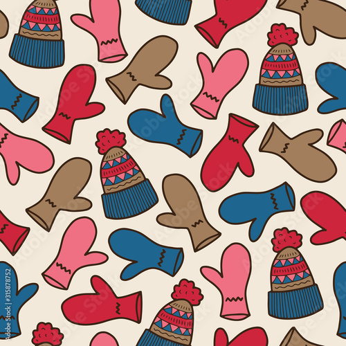 Vector winter pattern in blue, red, pink. Simple doodle glove and hat made into repeat. Great for background, wallpaper, wrapping paper, packaging, fashion.