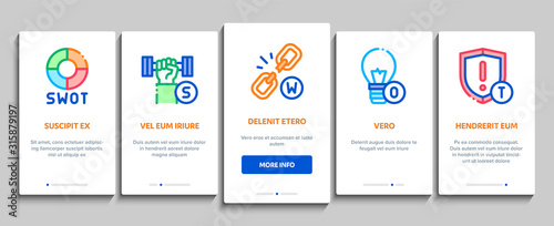 Swot Analysis Strategy Onboarding Mobile App Page Screen Vector. Swot Infographics And Broken Chain, Lightbulb, Shield And Brain With Gear Concept Linear Pictograms. Color Contour Illustrations