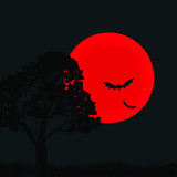 Silhouette of the tree with the red moon on Background. Vector illustration.