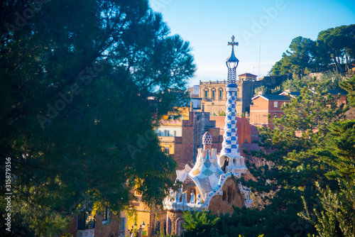 BARCELONA, SPAIN - January 30, 2019: Parc Guell is located in Barcelona, Spain. It is a park designed by an artist Antoni Gaudi. ..