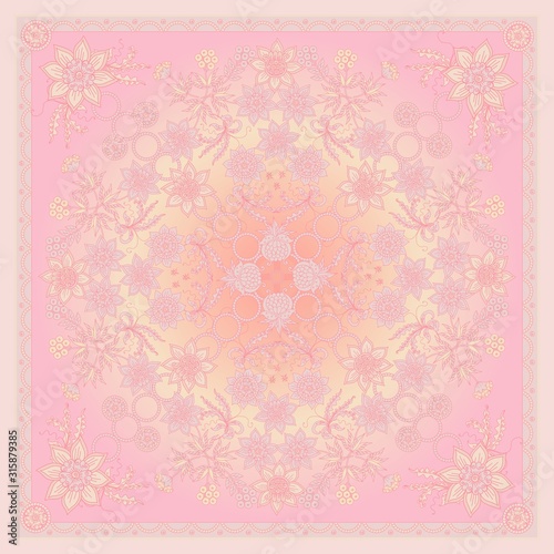Romantic design for scarf, shawl, kerchief with beautiful floral ornament in pink colors. Elegant bandana print.