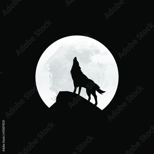 Silhouette of the wolf howling at the moon at night. Vector illustration