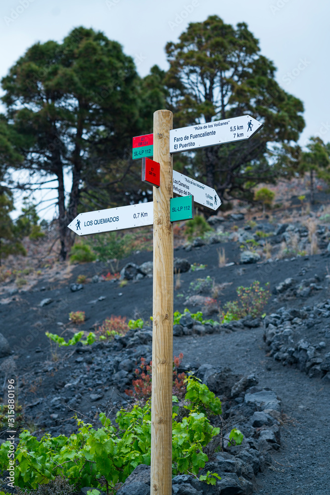 Hiking trail sign, Teneguia Volcanoes Natural Monument, Fuencaliente municipality, La Palma island, Canary Islands, Spain, Europe, Unesco Biosphere Reserve