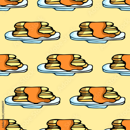 Seamless pattern with pancakes in a plate. Vector hand drawn illustration.
