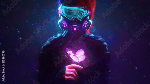 Obraz na plátne Digital illustration of cyberpunk girl in futuristic gas mask with protective gl