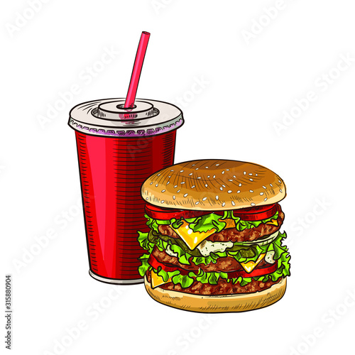 Fast food COMBO sketch for fastfood restaurant or bistro. Vector cheeseburger burger or hotdog sandwich snack, french fries or pizza and coffee or soda drink, taco and black burger