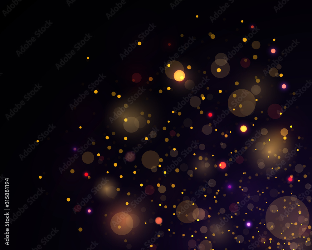 Light abstract glowing bokeh lights. Festive golden luminous background with colorful lights bokeh. Magic concept. Abstract background with bokeh effect. Vector festive illustration. - obrazy, fototapety, plakaty 