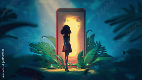 Young girl looks at the magic gate with a glowing yellow light. Traveler stands near smartphone with portal screen to another world. 3d illustration of the game location of cartoon girl in the jungle. photo
