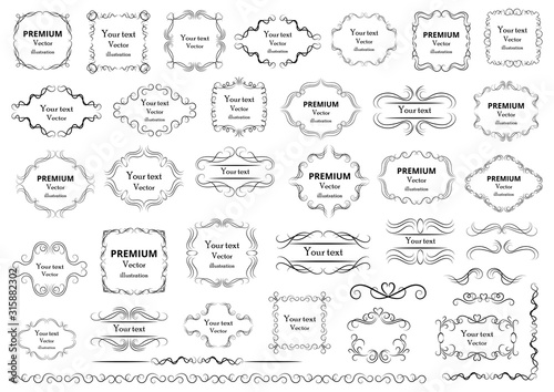 Calligraphic design elements . Decorative swirls or scrolls  vintage frames   flourishes  labels and dividers. Retro vector illustration.