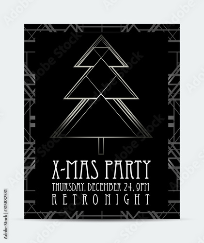 Christmas greeting card background in 1920s art deco geometric style. Black and silver. Good for retro parties designs.
