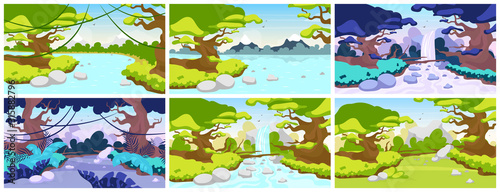 Jungle flat vector illustration. Mediterranean fauna. Tropical forest landscape. Panoramic scene with trees and rivers. Exotic wild land. Amazon waterfall. Rainforest cartoon background