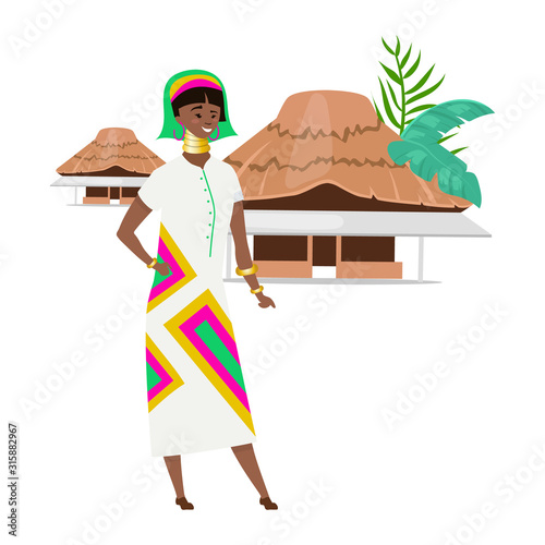 African native flat color vector illustration. Nigerian female in ethnic clothes and jewelry. with tribal homes. Woman of color isolated cartoon character on white background