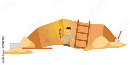 Excavation flat vector illustration. Male researcher on archeological site, man observe mural paintings. Egyptian wall pictures discovery. Ground hole in Africa. Expedition cartoon background