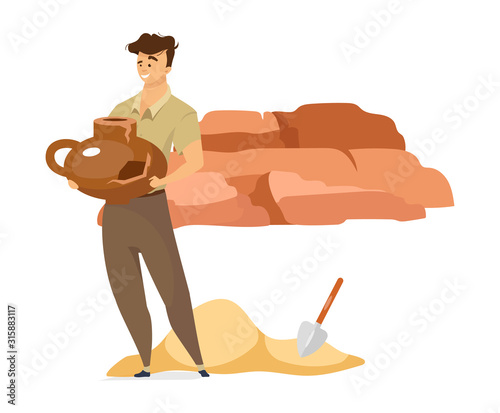 Male archeologist flat color vector illustration. Man with old vase. Person with cultural object. Damaged ceramic bowl discovery. Researcher isolated cartoon character on white background