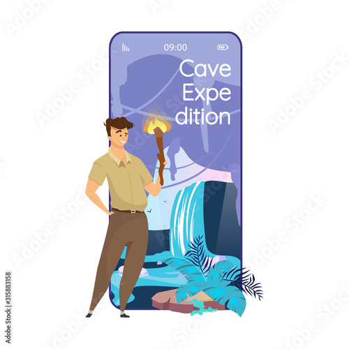 Cave expedition cartoon smartphone vector app screen. Trip to inside of mountain. Mobile phone displays with flat character design mockup. Cavern exploration application telephone cute interface