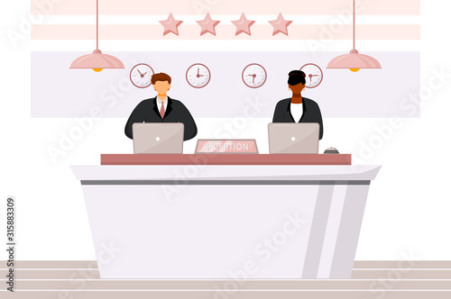 Receptionists at front desk flat color vector illustration. Multicultural hotel staff. Guest registration area, lobby. Reception workers isolated cartoon characters on white background