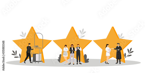 Hospitality service flat color vector illustration. Porter, resort manager, doorman. Housekeeper, waiter, administrator. Rating stars. Hotel staff isolated cartoon characters on white