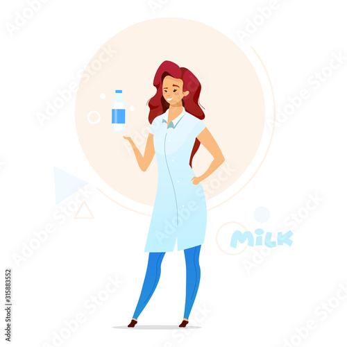 Woman holding bottle of milk flat color vector illustration. Dairy production. Milk plant employee. Smallholder, local business. Food industry. Isolated cartoon character on white background